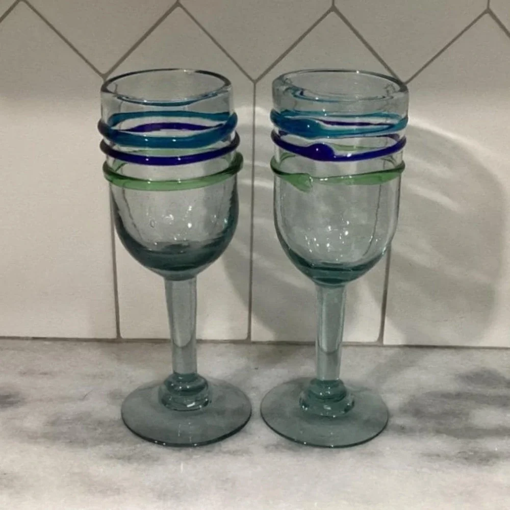 Pier 1 Imports Water Goblets, Set‎ of 2, Vintage Hand Blown Multicolor Rings